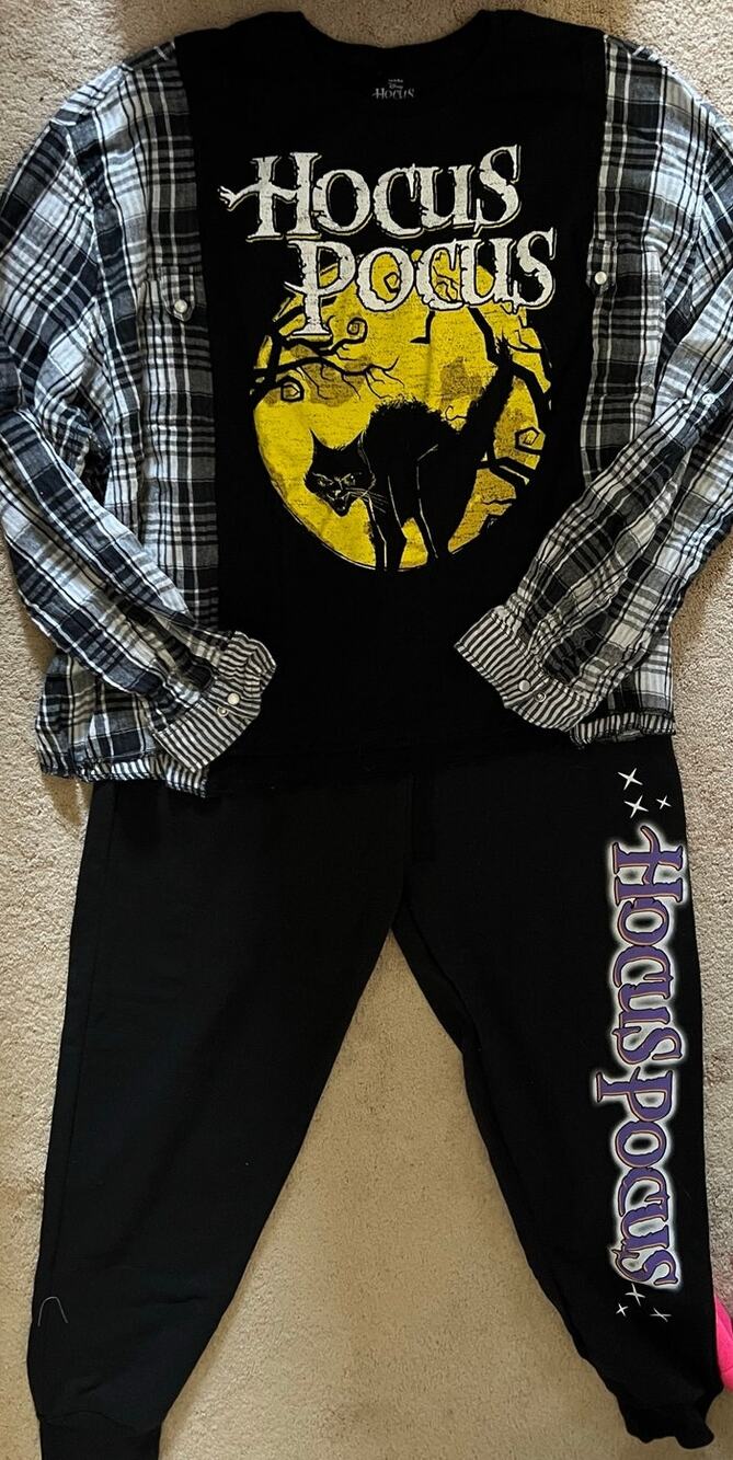 Hocus pocus set, plaid long sleeve rework w tee, upcycled, new sweatpants XL